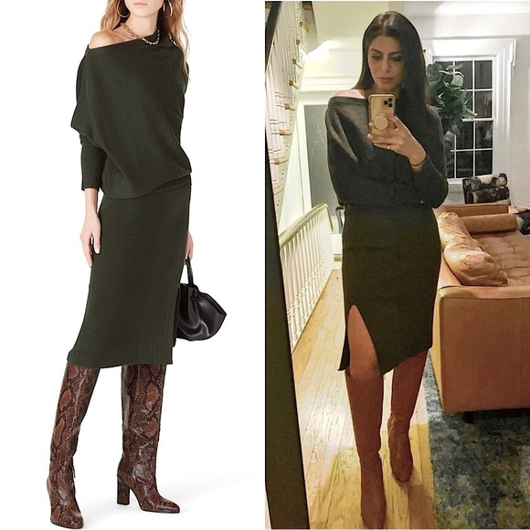 VICTOR ALFARO Rib Knit Off Shoulder Long Sleeve Midi Side Slit Sweater Dress XL - Picture 1 of 8